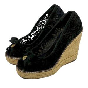 TORY BURCH~Jackie~BLACK CROCHET LACE ESPADRILLE WEDGES Heels Platform Shoes Sz 7